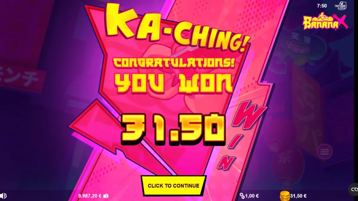 Tampilan layar slot Banana X pada perangkat mobile dengan grafis neon yang cerah