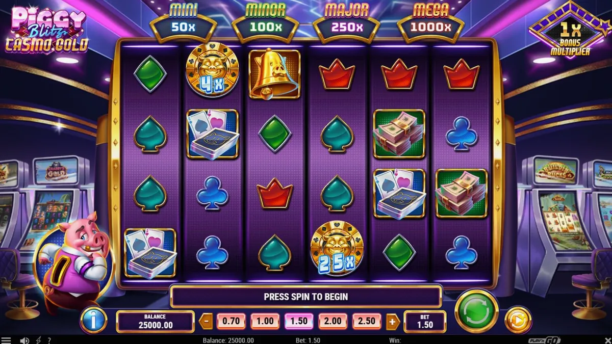 Tampilan visual mesin slot Piggy Blitz Casino Gold dengan tema kasino mewah